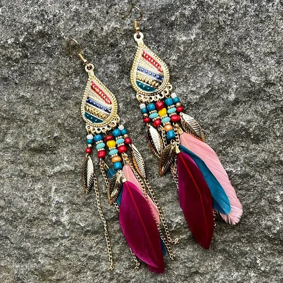 Feather Bohemian Statement Earrings - Picture 4 of 4